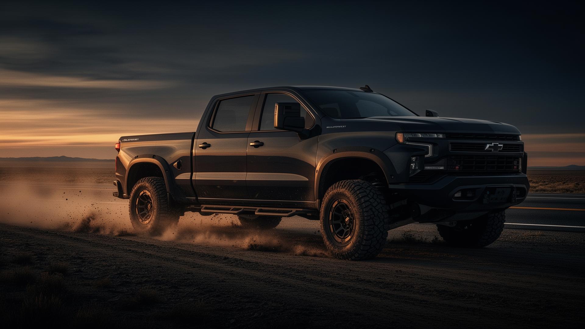 Chevrolet Silverado on an open road at dusk